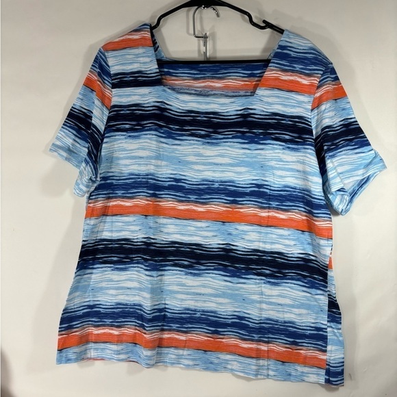 NWOT Coral Bay Blue and Orange Ocean Waves Print Short Sleeve Cotton Tee 1X - Picture 1 of 5